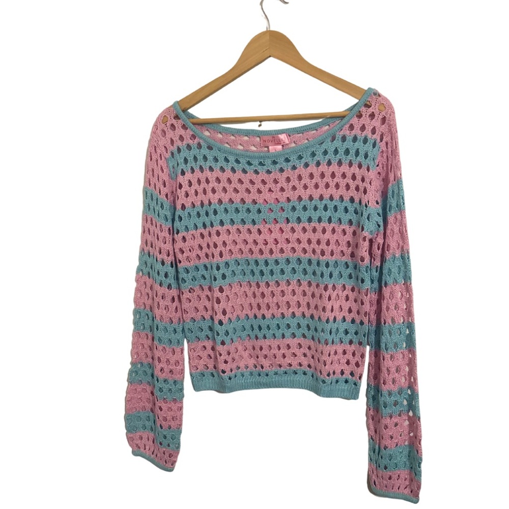 Teal & Pink Striped Open-Weave Crewneck Sweater